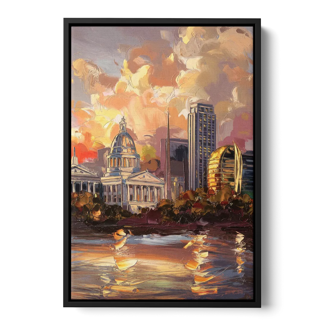 Little Rock Skyline at Sunset Front - Black Canvas Wall Art