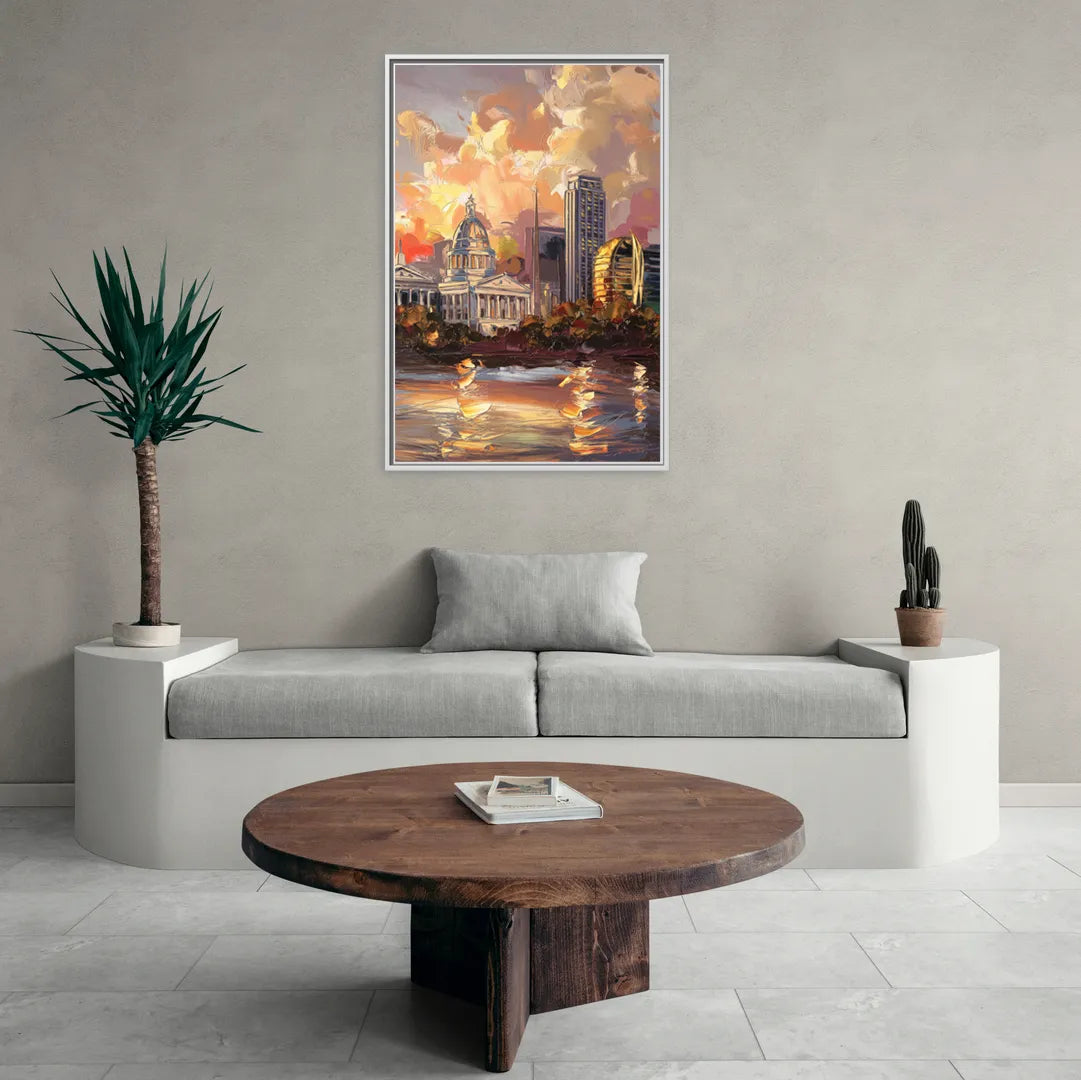 Little Rock Skyline at Sunset - Living Room White Frame Canvas