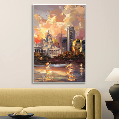 Little Rock Skyline at Sunset Sitting Room - White Canvas Wall Art