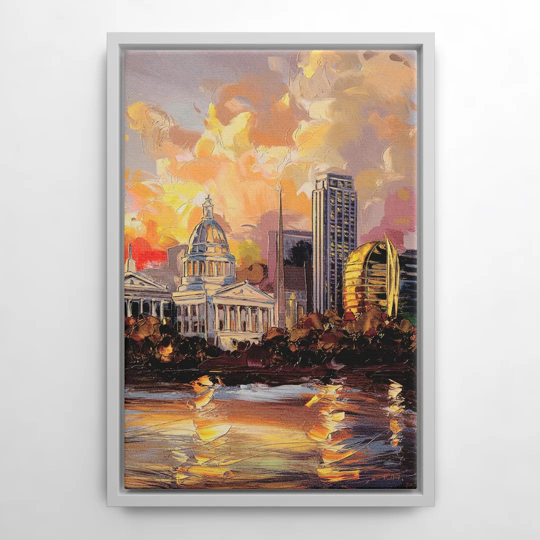 Little Rock Skyline at Sunset - White Frame Canvas
