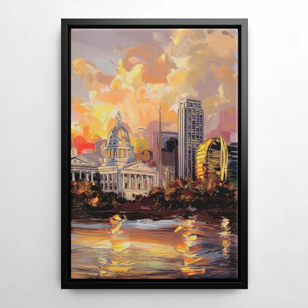 Little Rock Skyline at Sunset - Black Frame Canvas