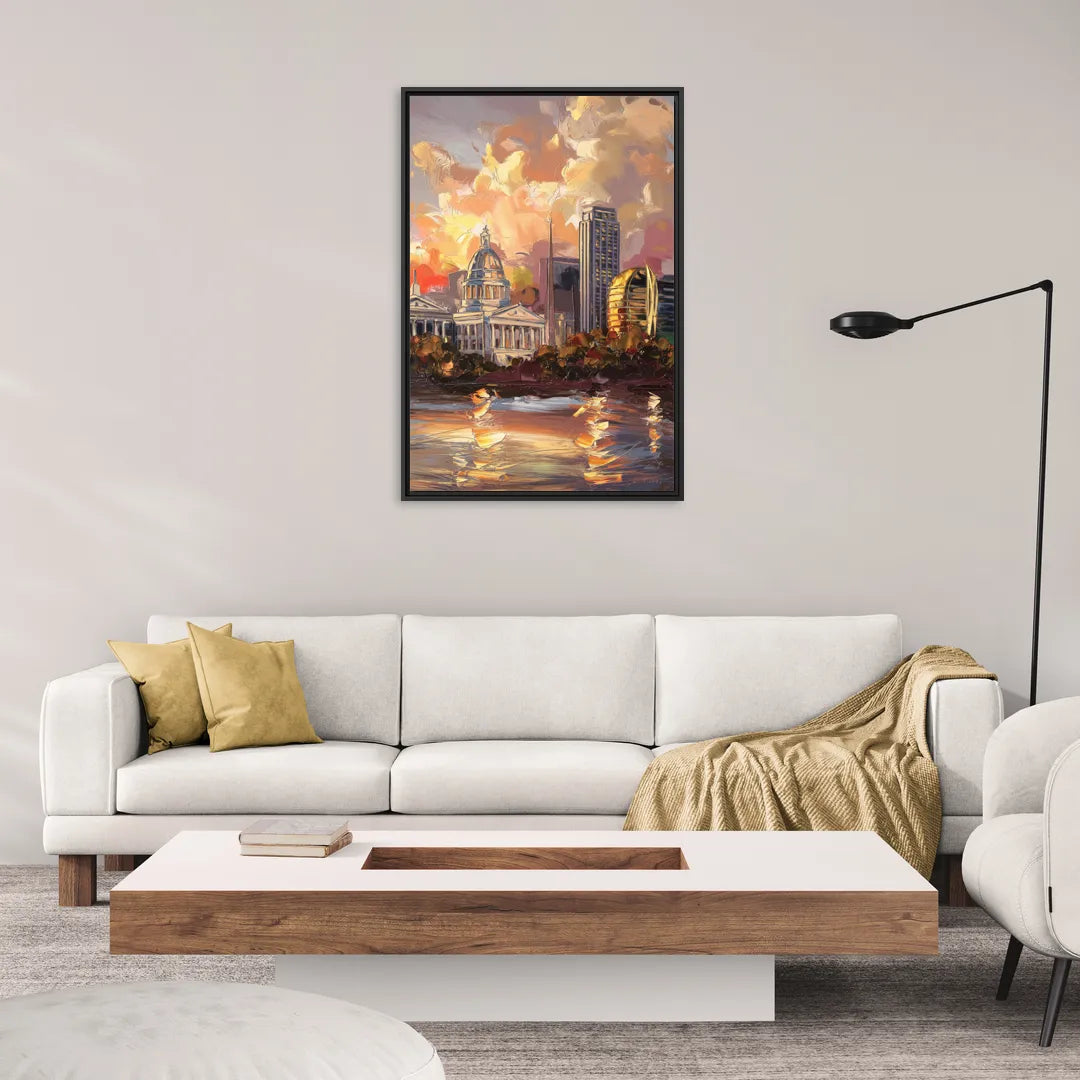Little Rock Skyline at Sunset - Living Room Black Frame Canvas