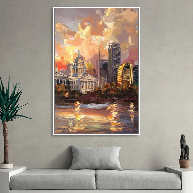 Little Rock Skyline at Sunset Living Room - White Canvas Wall Art