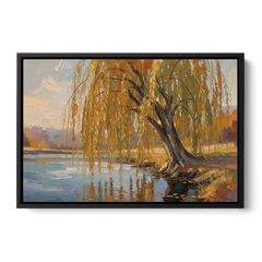Living Room Wall Decor with Weeping Willow in Autumn - Black Framed Canvas Wall Art - Front