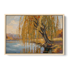 Living Room Wall Decor with Weeping Willow in Autumn - Oak Framed Canvas Wall Art - Front