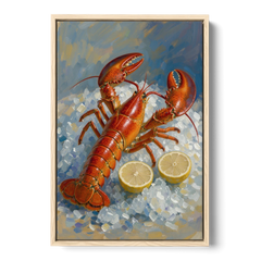 Lobster Painting on Crushed Ice with Lemons - Oak Framed Canvas Wall Art - Front