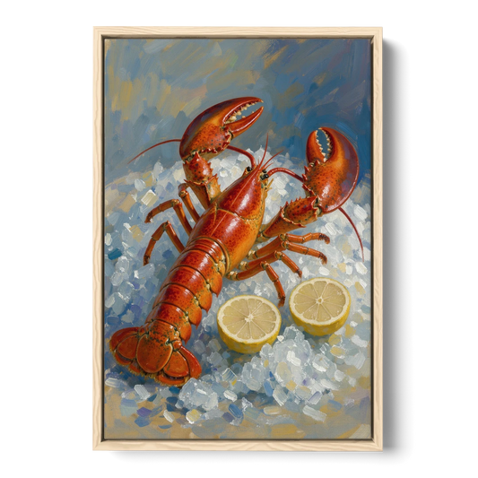Lobster Painting on Crushed Ice with Lemons - Oak Framed Canvas Wall Art - Front