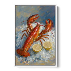 Lobster Painting on Crushed Ice with Lemons - White Framed Canvas Wall Art - Front