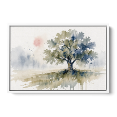 Lone Oak Tree in a Misty Meadow - White Framed Canvas Wall Art - Front