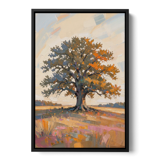 Lone Tree Painting of an Oak at Golden Hour - Black Framed Canvas Wall Art - Front