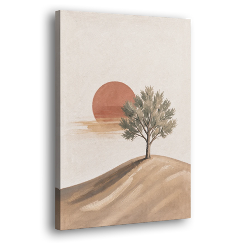 Lone Tree on a Hill Before a Rust Sun - Canvas Wall Art - Side