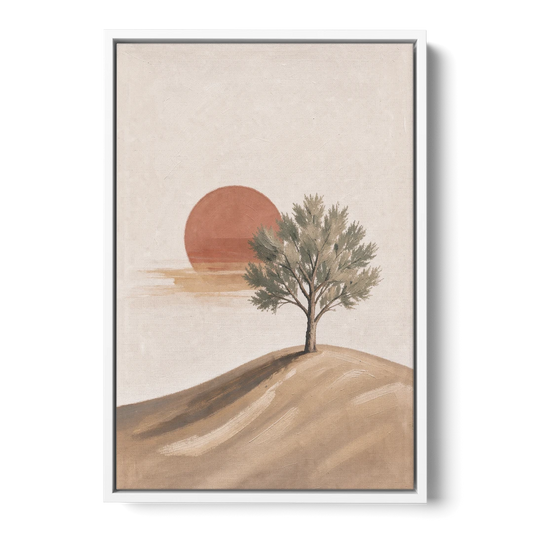Lone Tree on a Hill Before a Rust Sun - White Framed Canvas Wall Art - Front