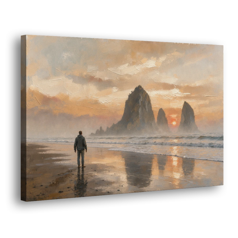 Lone Walker Facing Sea Stacks at Sunset - Canvas Wall Art - Side