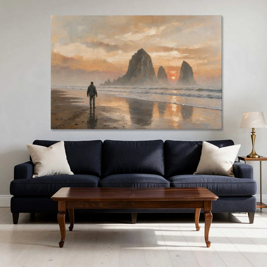 Lone Walker Facing Sea Stacks at Sunset - Canvas Wall Art - Sofa - 60x40