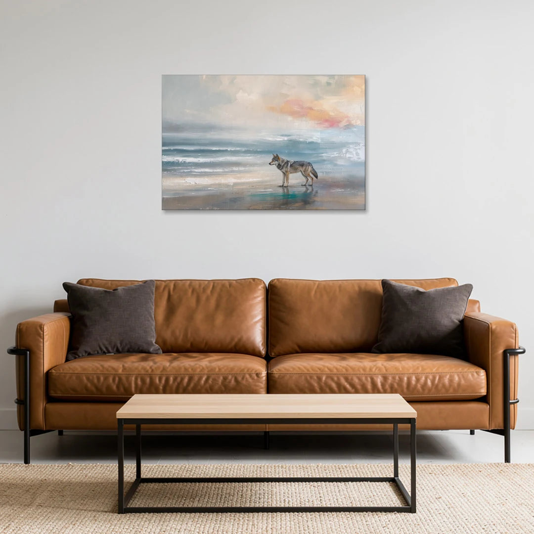 Lone Wolf on the Misty Shore - Canvas Wall Art - Sofa - 36x24