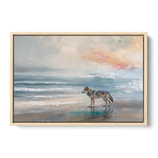 Coastal Lone Wolf on the Misty Shore - Oak Framed Canvas Wall Art - Front