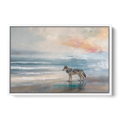 Coastal Lone Wolf on the Misty Shore - White Framed Canvas Wall Art - Front
