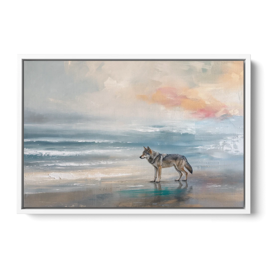 Coastal Lone Wolf on the Misty Shore - White Framed Canvas Wall Art - Front