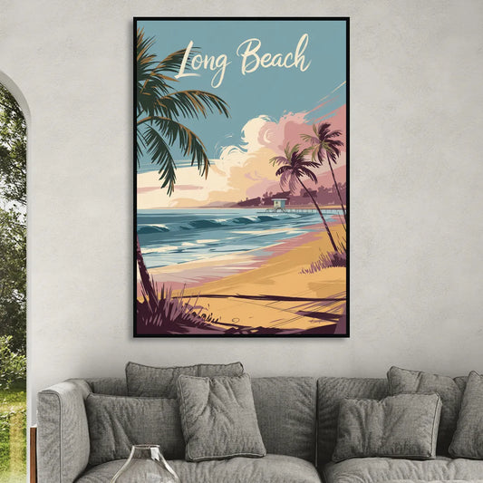 Long Beach California Coastal Scene Living Room - Black Canvas Wall Art