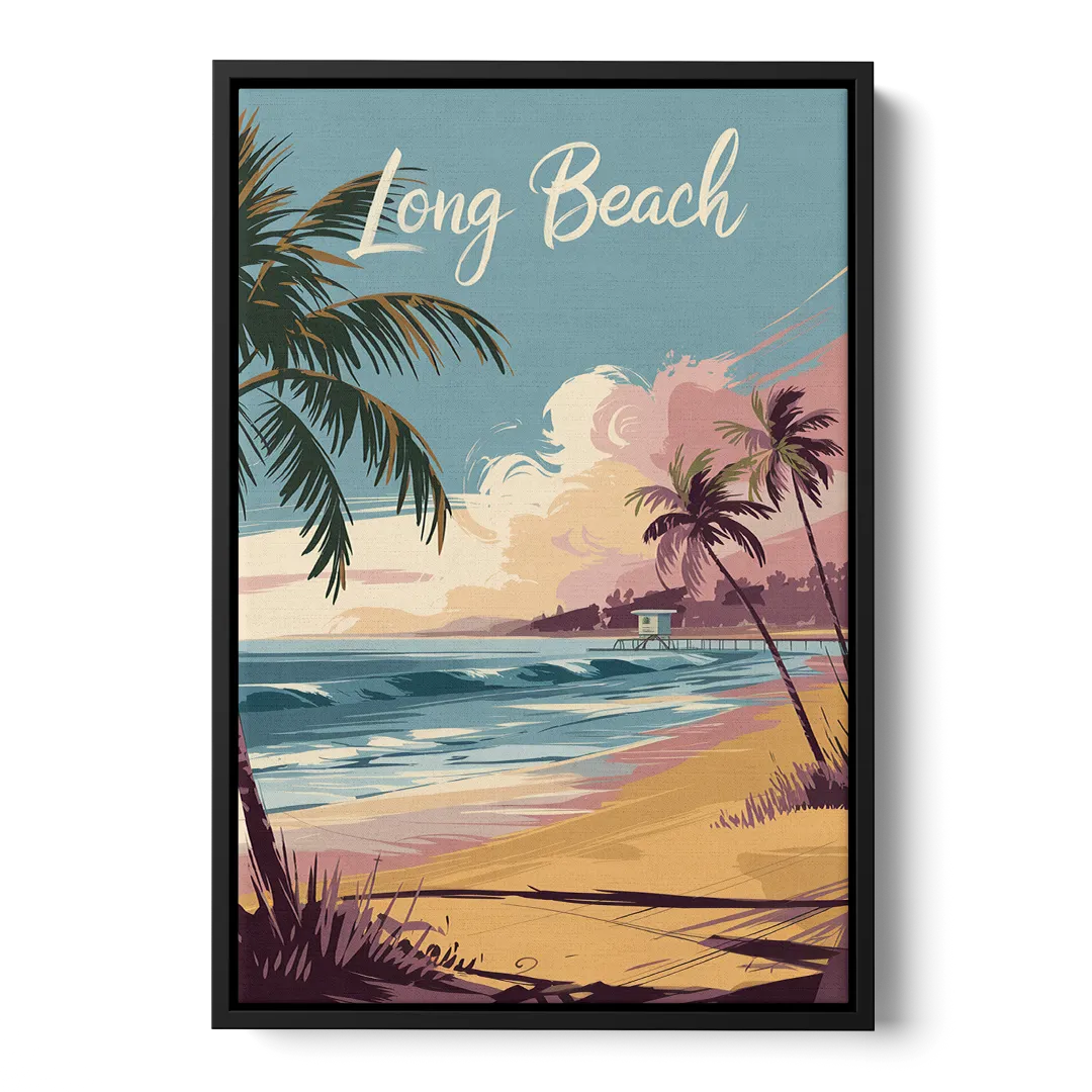 Long Beach California Coastal Scene Front - Black Canvas Wall Art