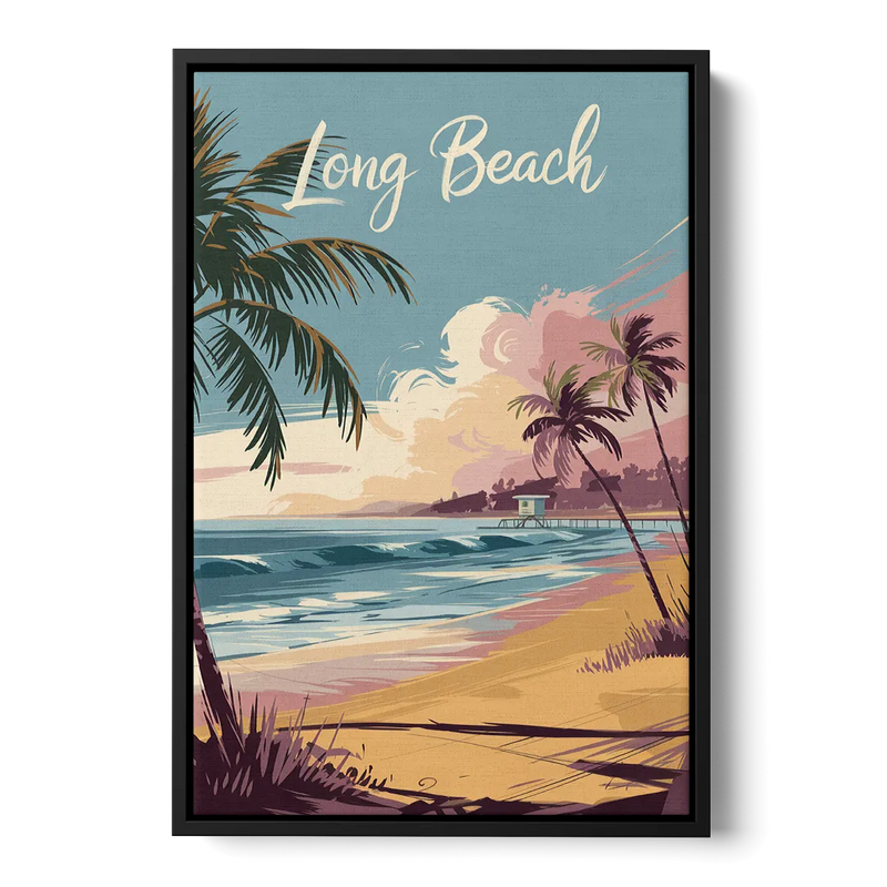 Long Beach California Coastal Scene Front - Black Canvas Wall Art
