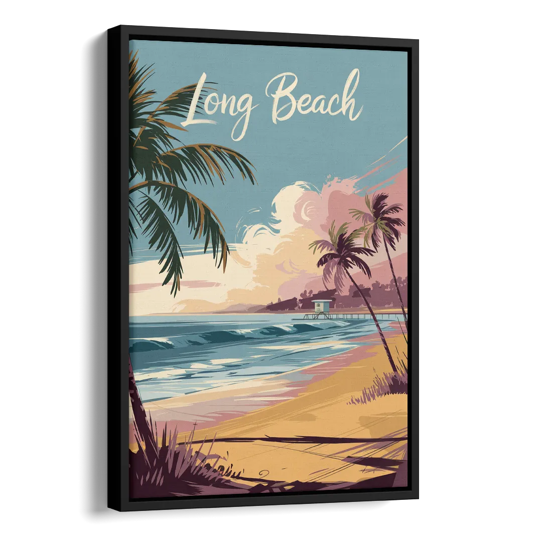 Long Beach California Coastal Scene Side - Black Canvas Wall Art