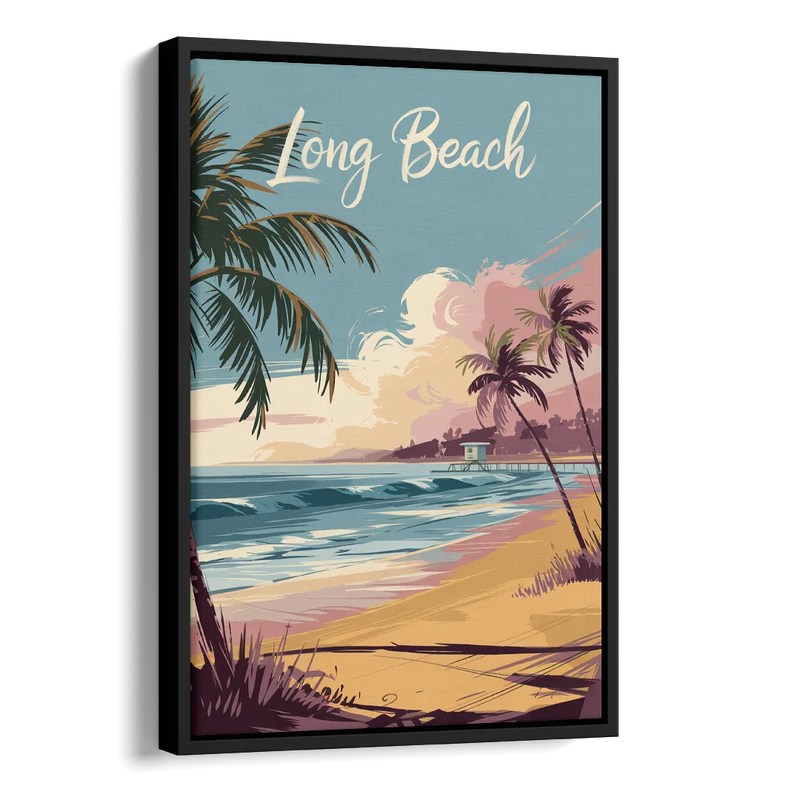 Long Beach California Coastal Scene Side - Black Canvas Wall Art
