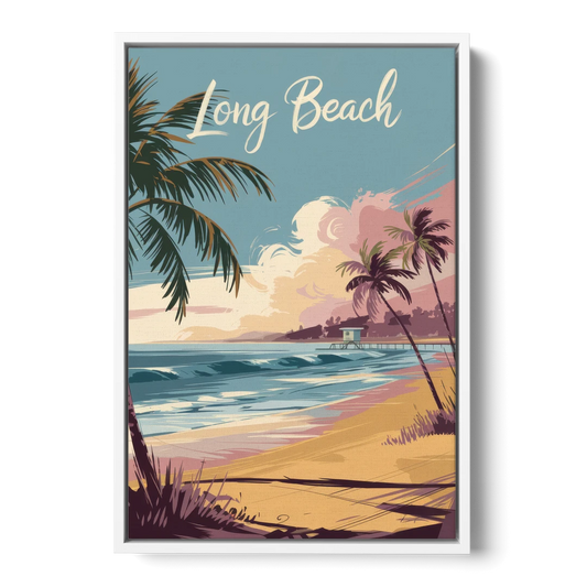 Long Beach California Coastal Scene - White Framed Canvas Wall Art - Front