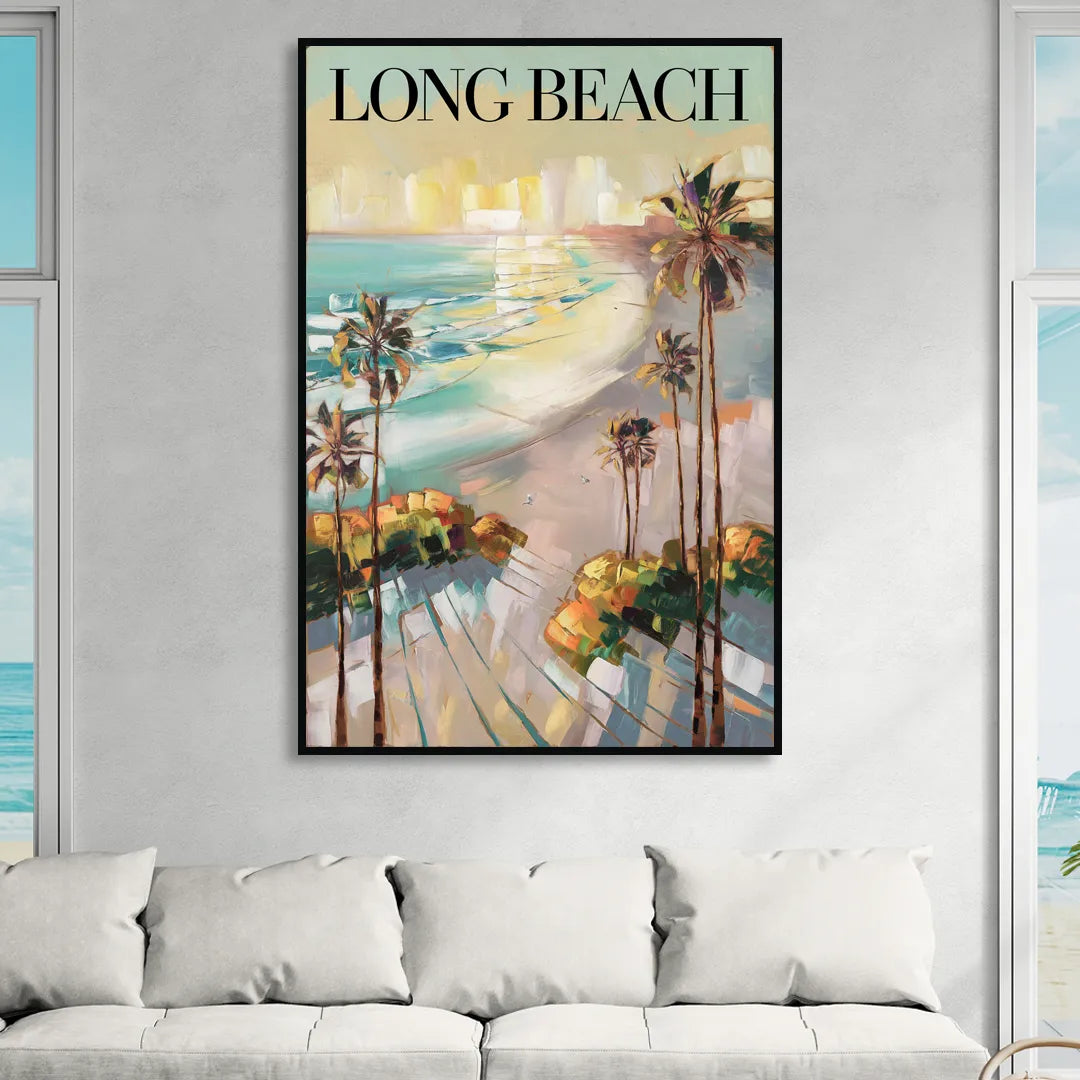Long Beach California Palm Trees Sitting Room - Black Canvas Wall Art
