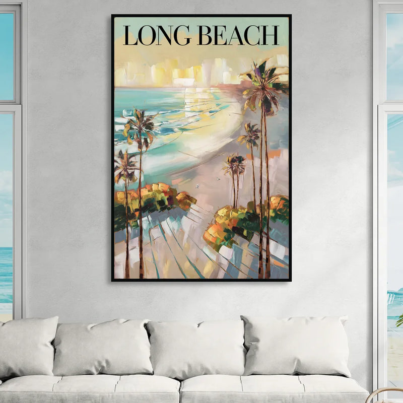 Long Beach California Palm Trees Sitting Room - Black Canvas Wall Art