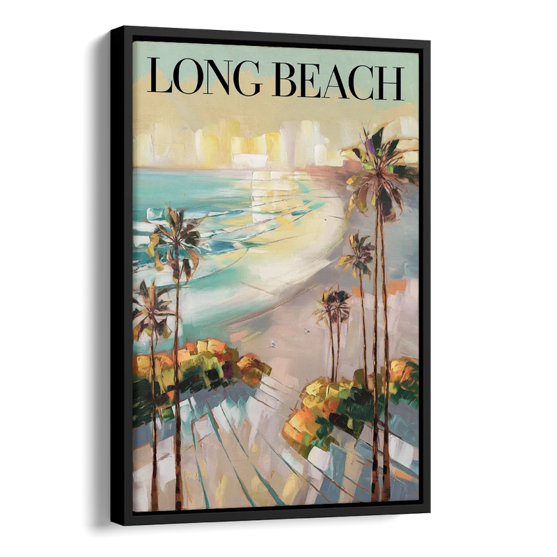 Long Beach California Palm Trees Side - Black Canvas Wall Art