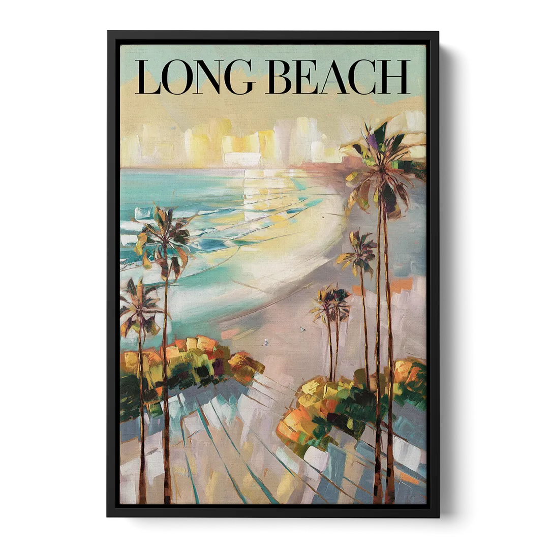 Long Beach California Palm Trees Front - Black Canvas Wall Art