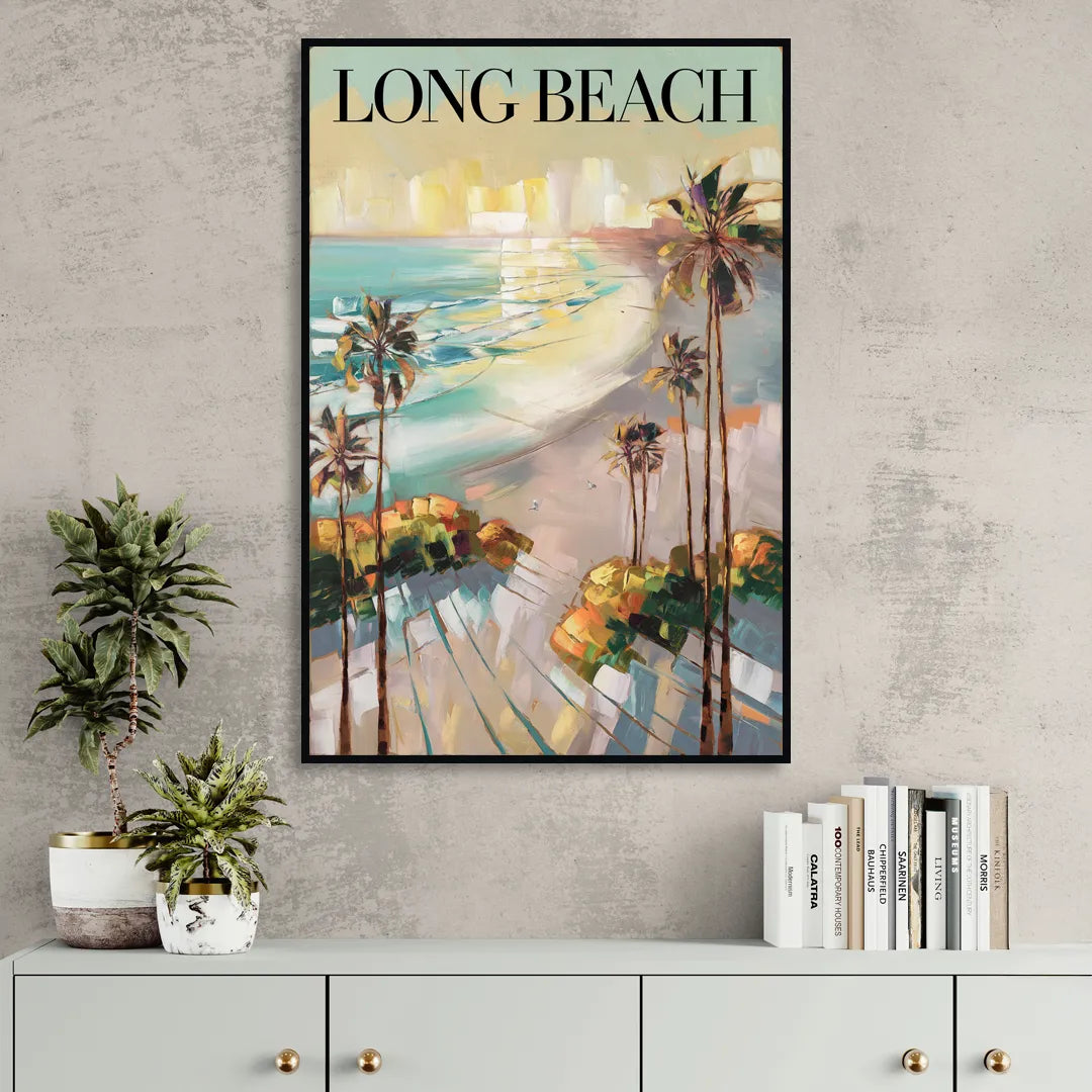 Long Beach California Palm Trees Living Room - Black Canvas Wall Art