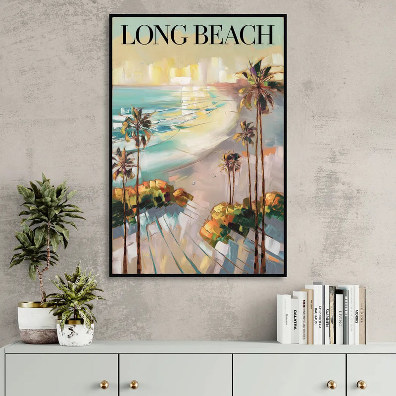Long Beach California Palm Trees Living Room - Black Canvas Wall Art