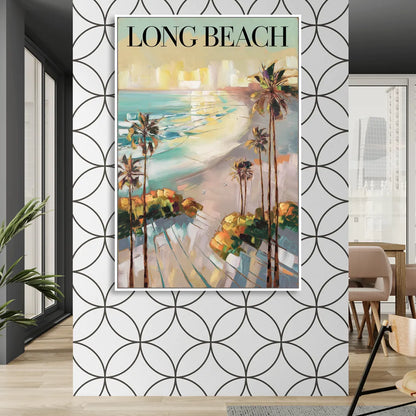 Long Beach California Palm Trees Sitting Room - White Canvas Wall Art