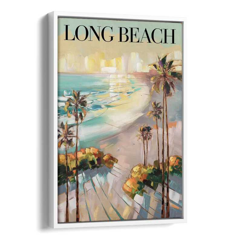 Long Beach California Palm Trees Side - White Canvas Wall Art