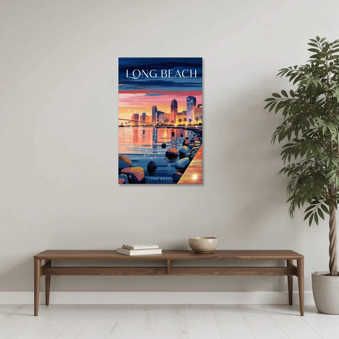 Long Beach Cityscape Evening Lights - Canvas Wall Art - Coffee Table - 24x36