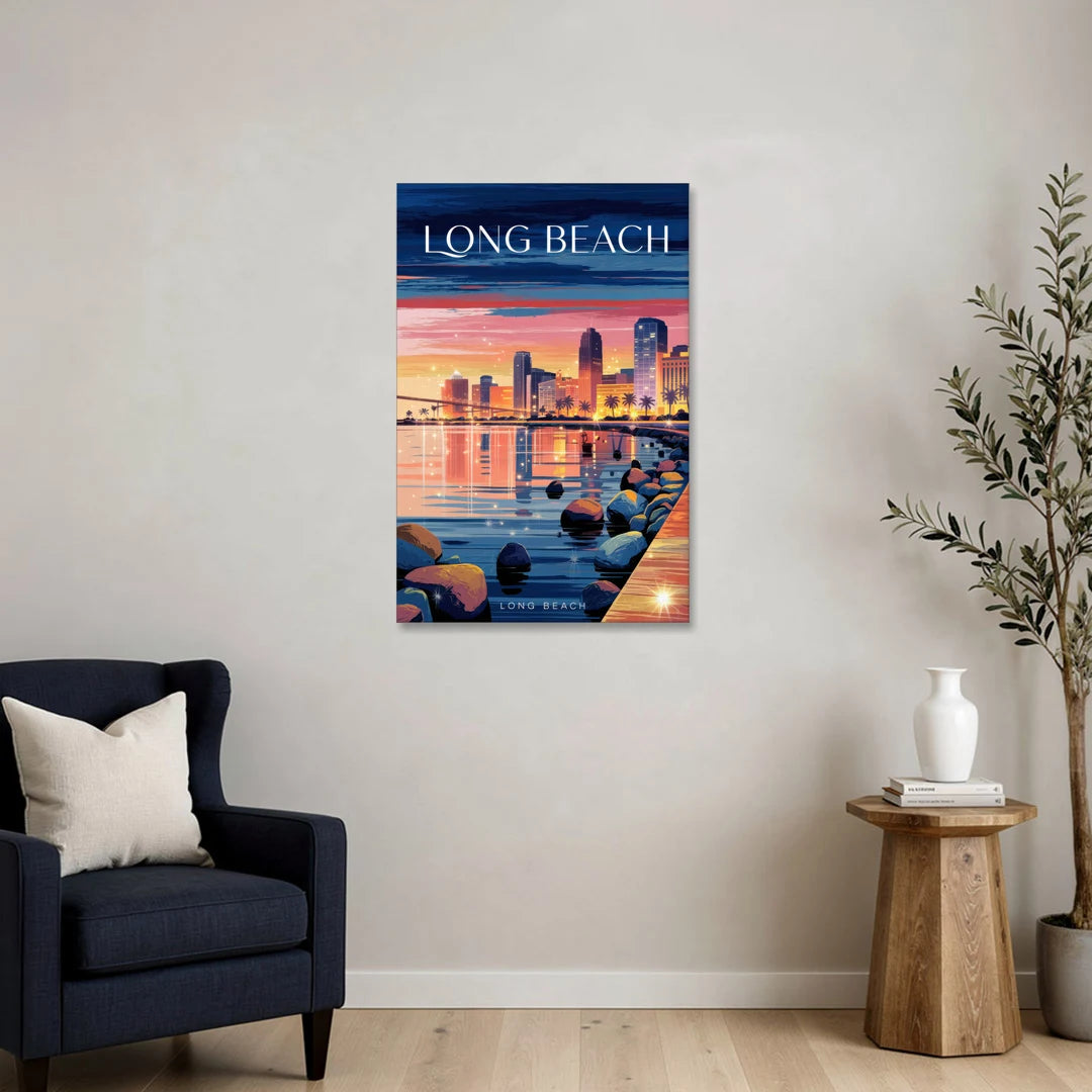 Long Beach Cityscape Evening Lights - Canvas Wall Art - Sofa - 24x36