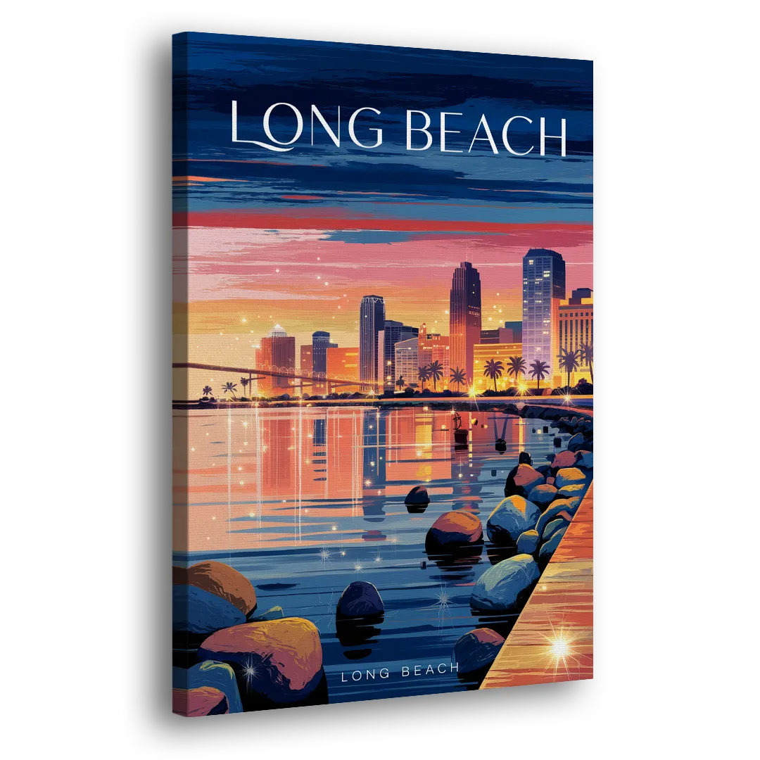 Long Beach Cityscape Evening Lights Side - Canvas Wall Art