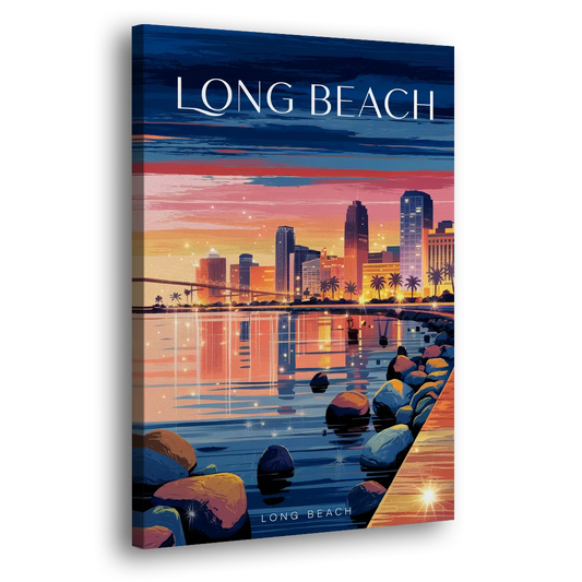 Long Beach Cityscape Evening Lights Side - Canvas Wall Art