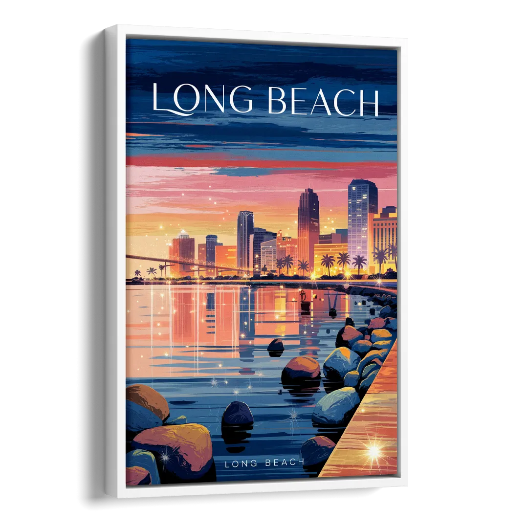 Long Beach Cityscape Evening Lights Side - White Canvas Wall Art