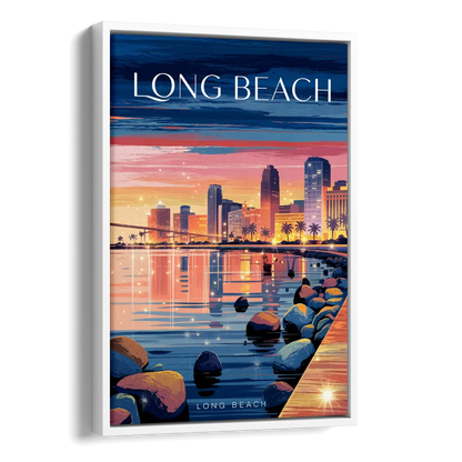 Long Beach Cityscape Evening Lights Side - White Canvas Wall Art