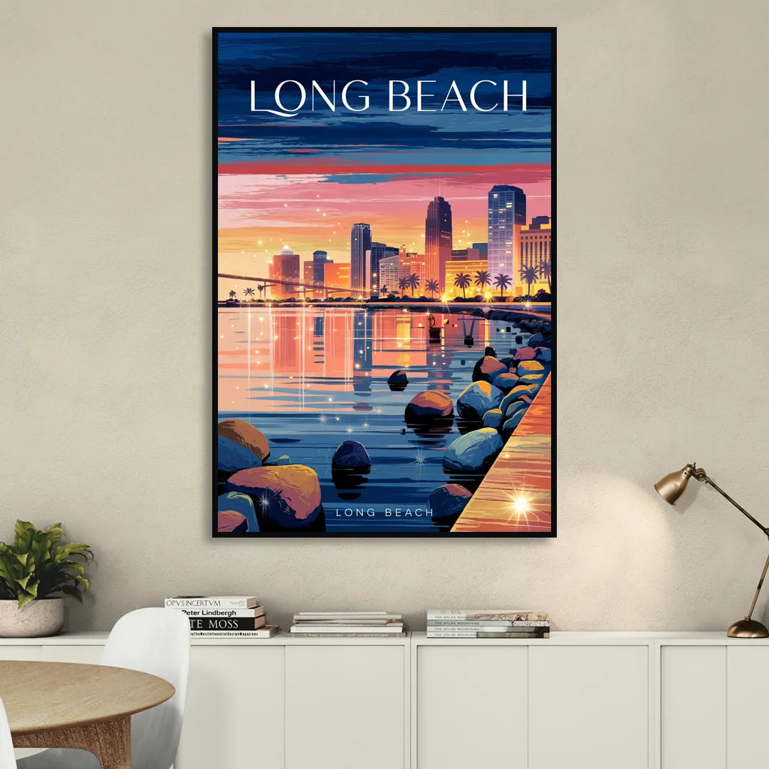 Long Beach Cityscape Evening Lights Sitting Room - Black Canvas Wall Art