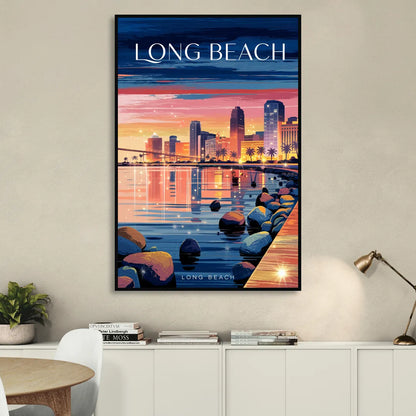 Long Beach Cityscape Evening Lights Sitting Room - Black Canvas Wall Art