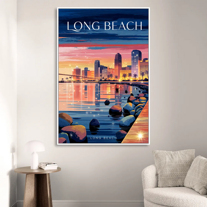 Long Beach Cityscape Evening Lights Sitting Room - White Canvas Wall Art
