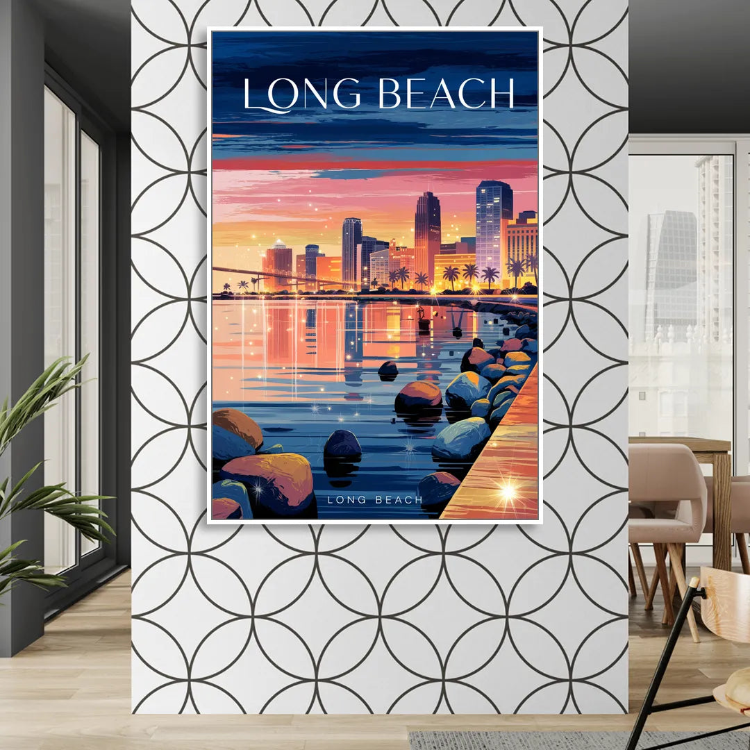 Long Beach Cityscape Evening Lights Living Room - White Canvas Wall Art