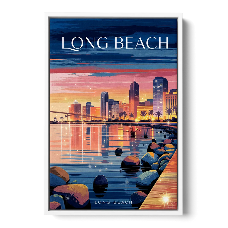 Long Beach Cityscape Evening Lights Front - White Canvas Wall Art