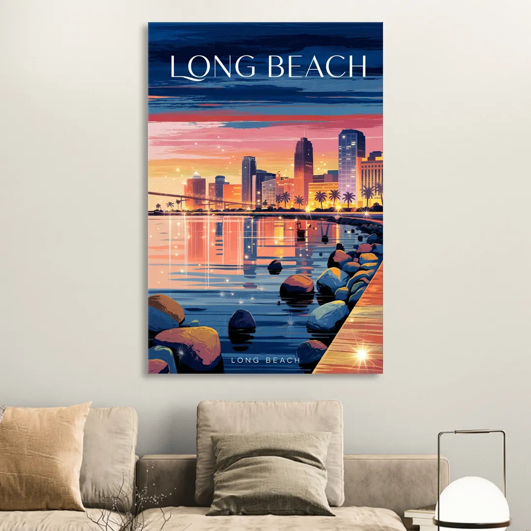 Long Beach Cityscape Evening Lights Sitting Room - Canvas Wall Art