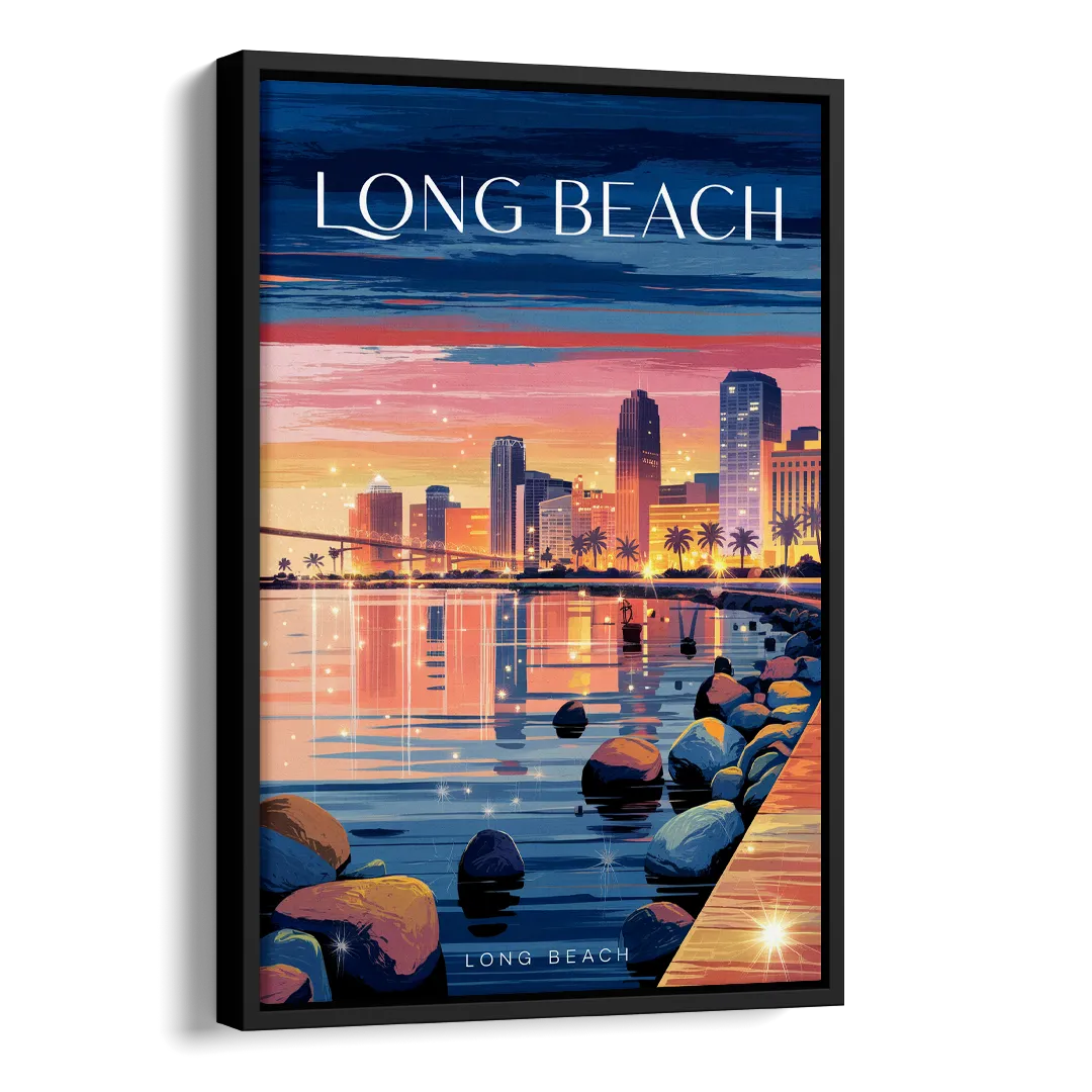 Long Beach Cityscape Evening Lights Side - Black Canvas Wall Art
