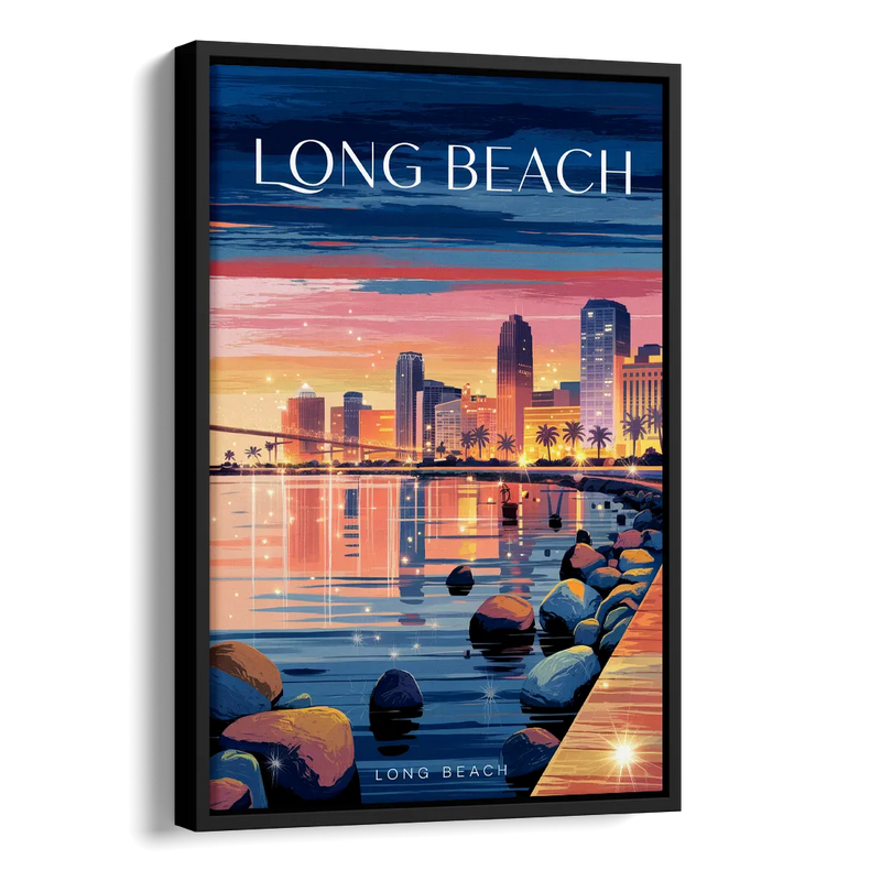 Long Beach Cityscape Evening Lights Side - Black Canvas Wall Art